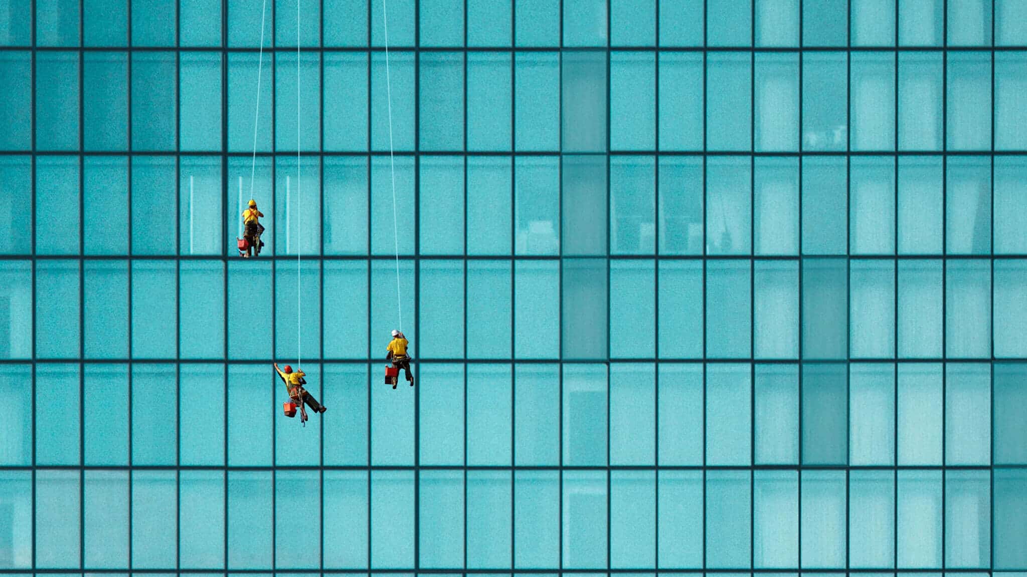 Three window cleaners hanging down the side of building