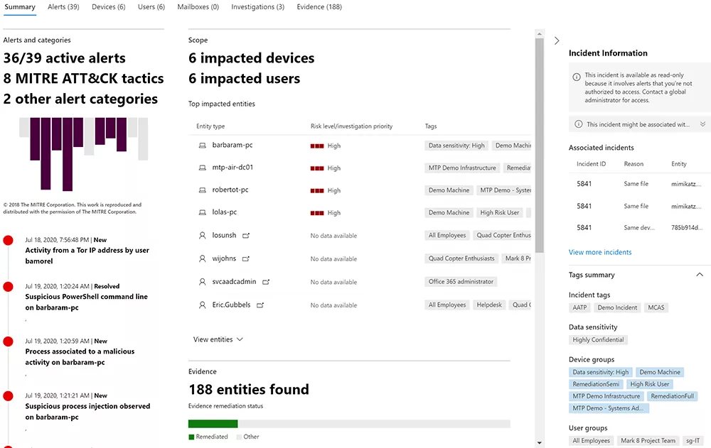 A Microsoft Threat Protection incident report showing affected devices and users.